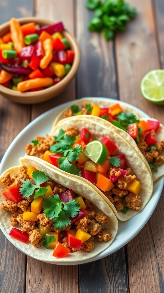 A plate of spicy peanut butter tempeh tacos with pickled veggies and lime on a rustic table.